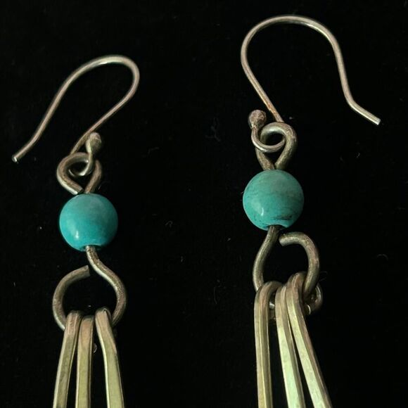 Vintage HOB MEXICO Sterling Silver Paddle Drop Turquoise Bead Dangle Earrings 3” - Picture 6 of 7